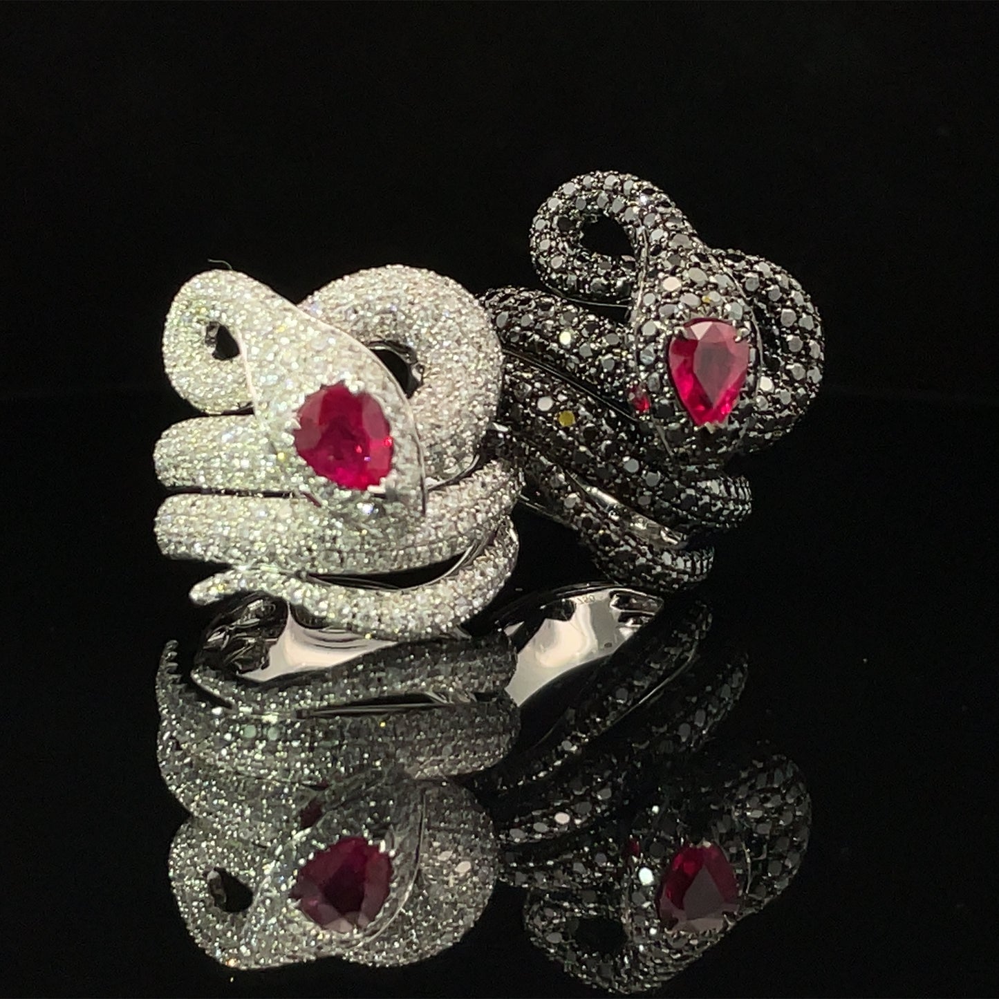 White Gold with Black Diamond and Ruby Ring from Snake Collection