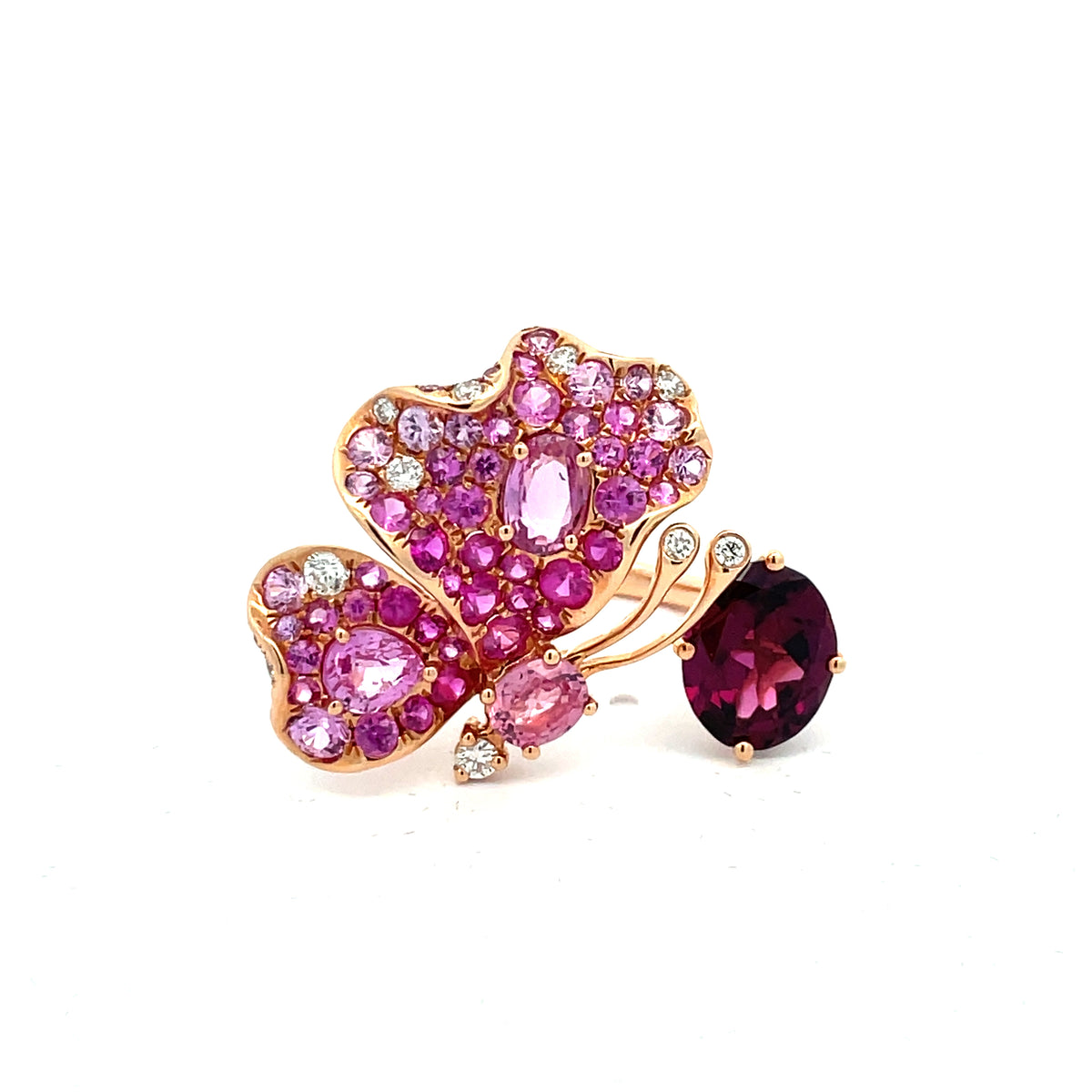 Rose Gold with White Diamond, Pink Sapphire and Rhodolite Garnet Ring from Butterflies Collection