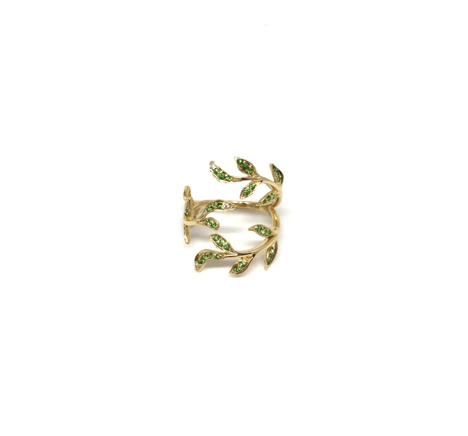 Yellow Gold with White Diamond & Green Garnet Ring from Flower Collection