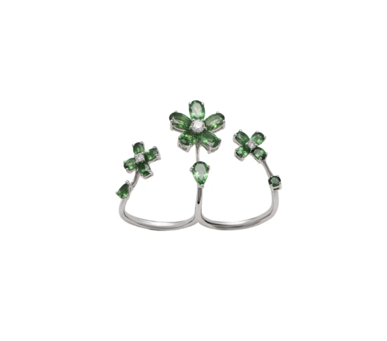 White Gold with White Diamond & Green Garnet Ring from Flower Collection