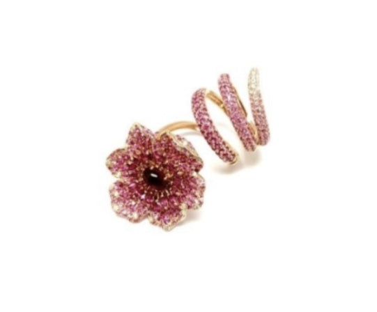 18K Rose Gold with White Diamond & Ruby Pink Sapphire Wrap Flower Ring Single or Multi-Finger from Flower collection