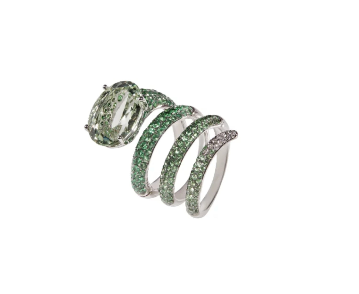White Gold with White Diamond & Green Garnet & Green Amethyst Ring from Snake Collection