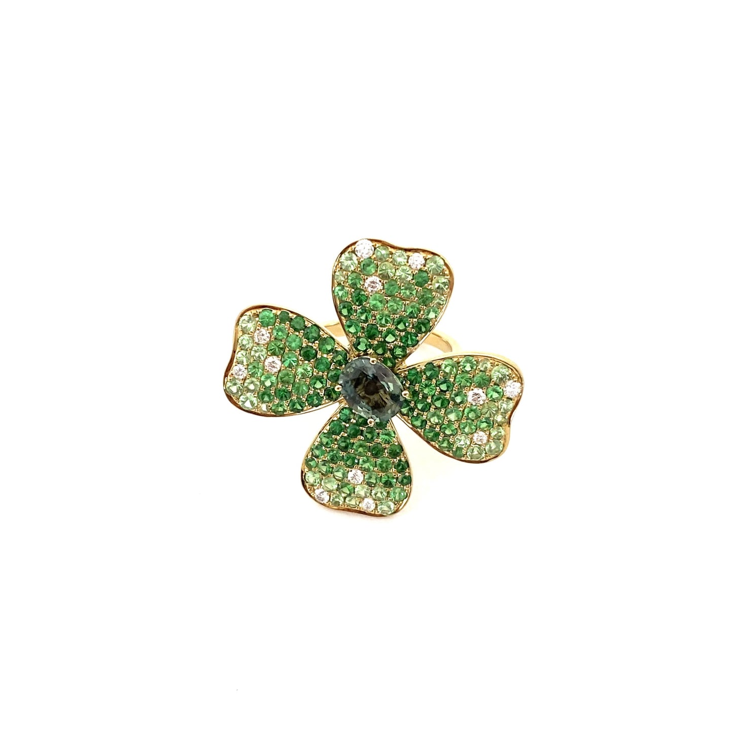 Yellow Gold with Green Garnet and White Diamond Ring from Flowers Collection