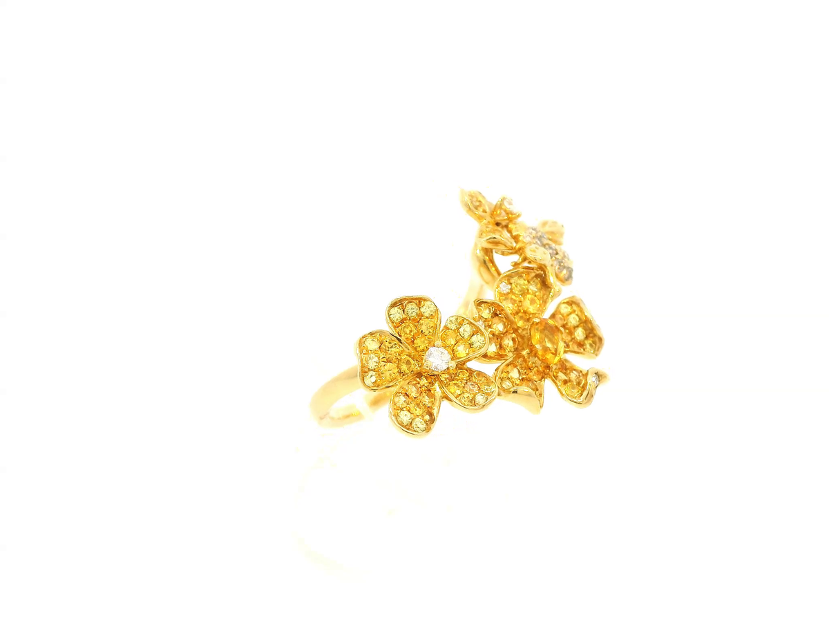 Yellow Gold with White and Brown Diamond and Yellow Sapphire Ring from Flower Collection