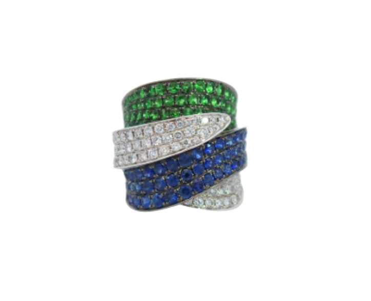 White Gold with White Diamond, Blue Sapphire and Green Garnet Ring