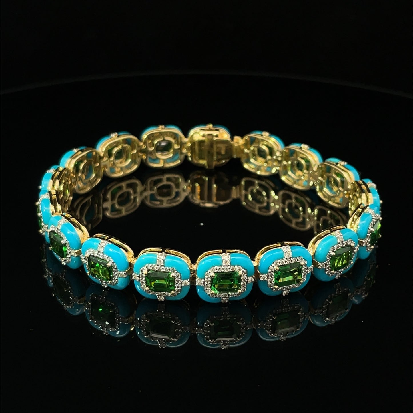 Yellow Gold with White Diamond, Tsavorite and Turquoise Bracelet