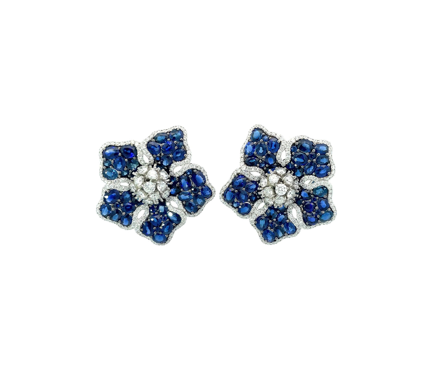White Gold with White Diamond & Blue Sapphire Earrings from Flower Collection