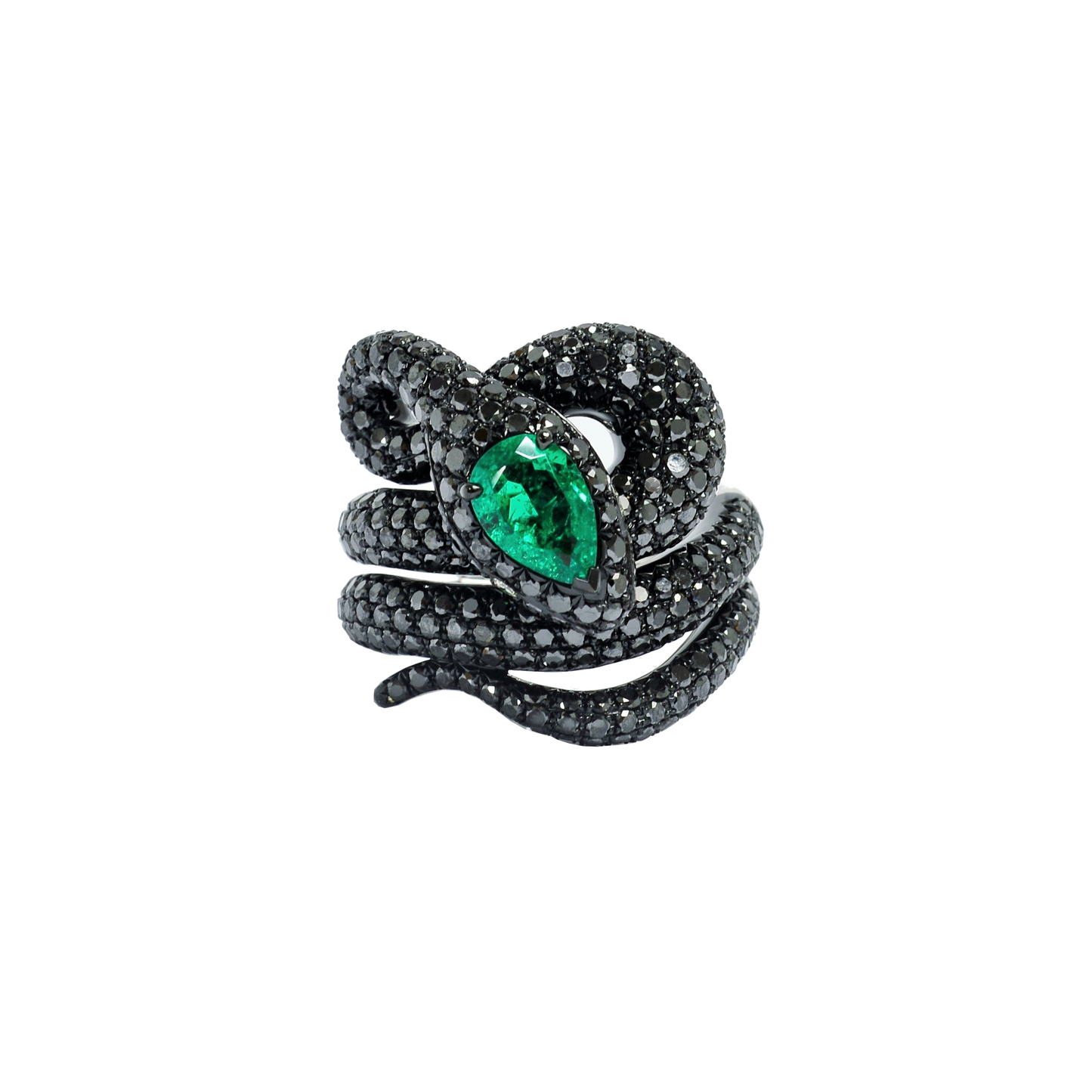 White Gold & Platinum with Black Diamond and Emerald Ring from Snake Collection