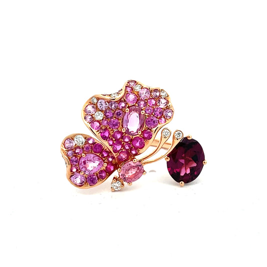 Rose Gold with White Diamond, Pink Sapphire and Rhodolite Garnet Ring from Butterflies Collection