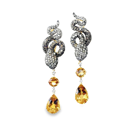 Yellow Gold with White & Brown Diamond & Green Garnet & Citrine Earrings from Snake Collection