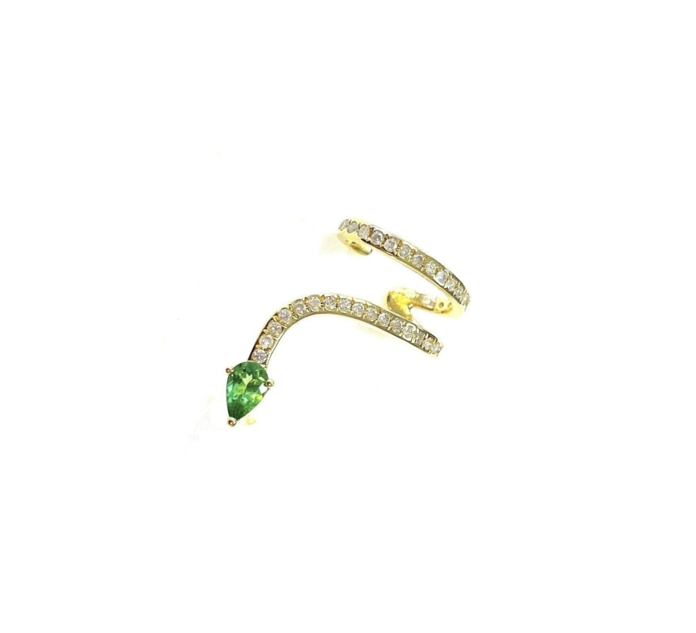 Yellow Gold with White Diamond & Green Garnet Earcuff from Snake Collection