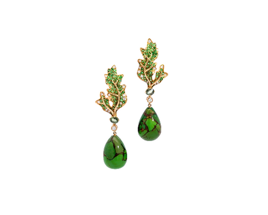Yellow Gold with White Diamond, Green Sapphire, Green Garnet and Turkish Turquoise Earrings