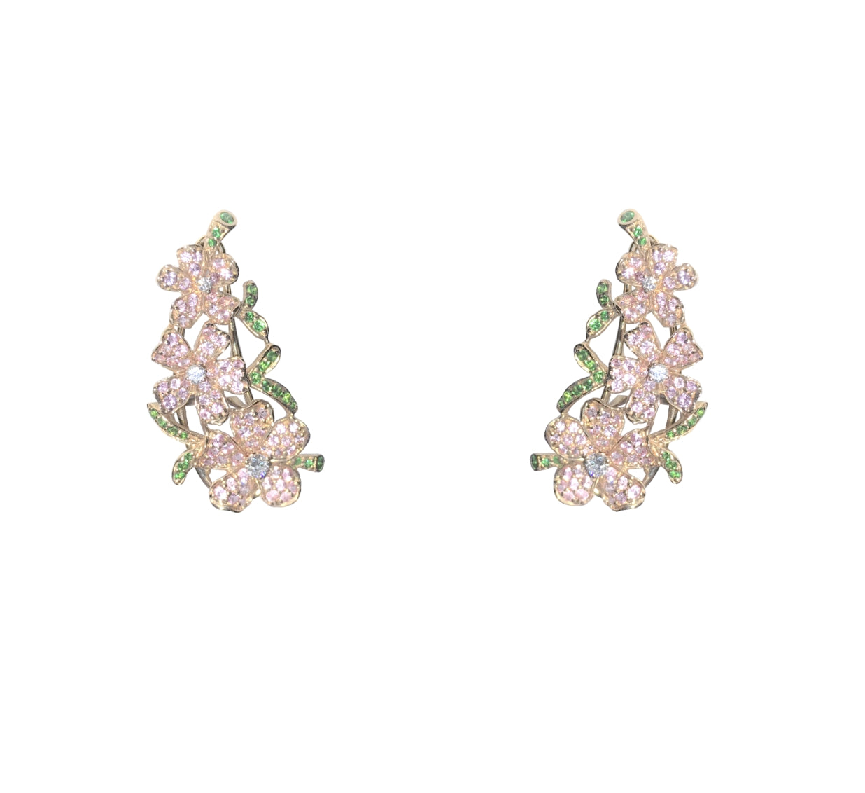 Rose Gold with White Diamond, Pink Sapphires & Green Garnet Earrings from Flowers Collection