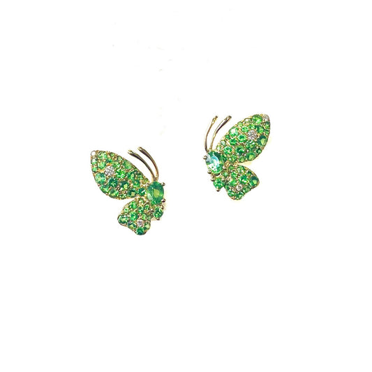 Yellow Gold with White Diamond and Green Garnet Earrings from Butterflies Collection