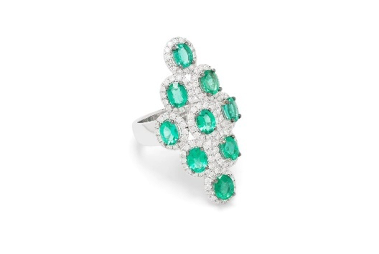 White Gold with White Diamond and Emerald Ring