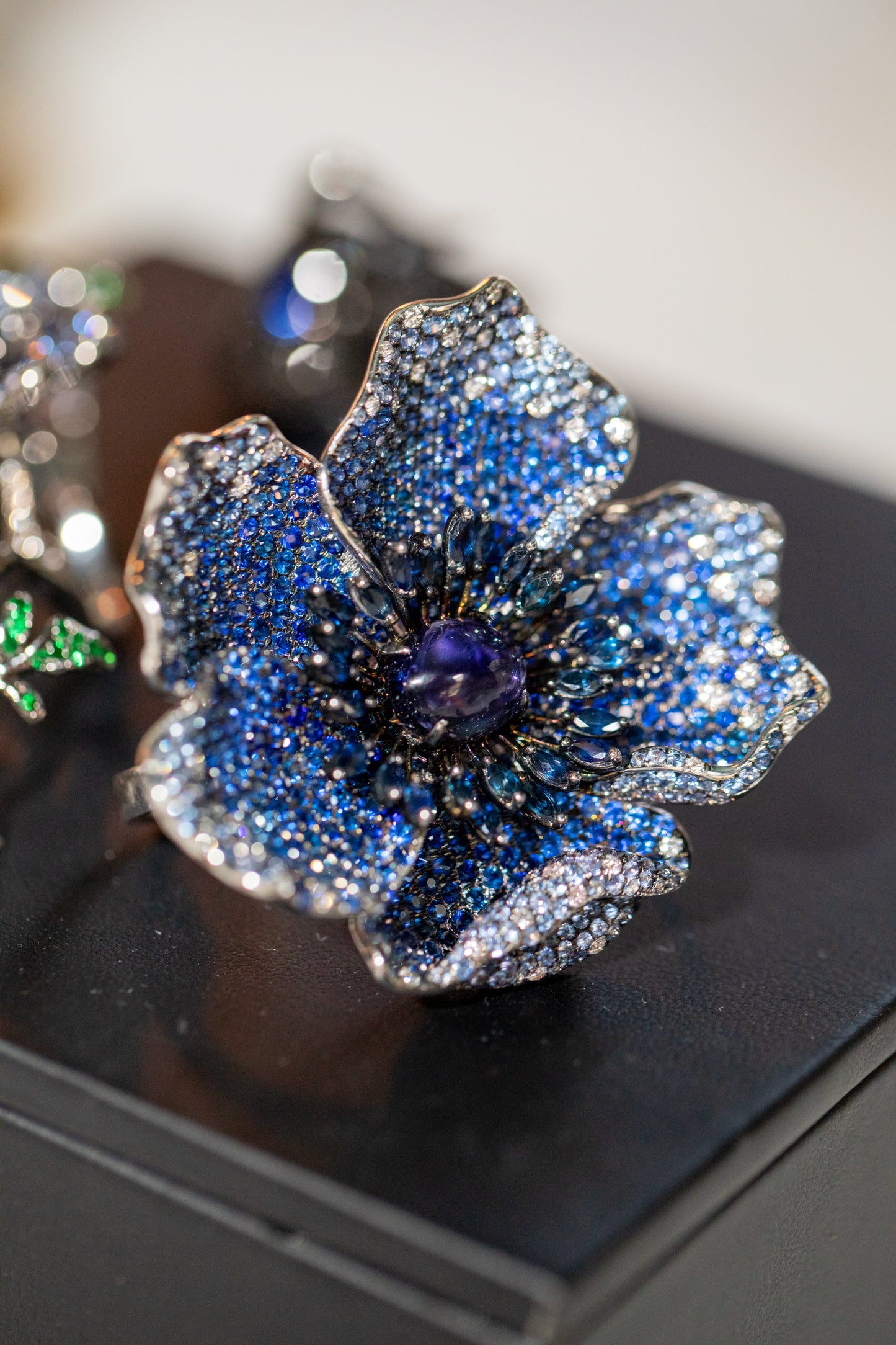 White Gold White Diamond Blue Sapphire & Iolite Two Fingers Ring From Flower Collection