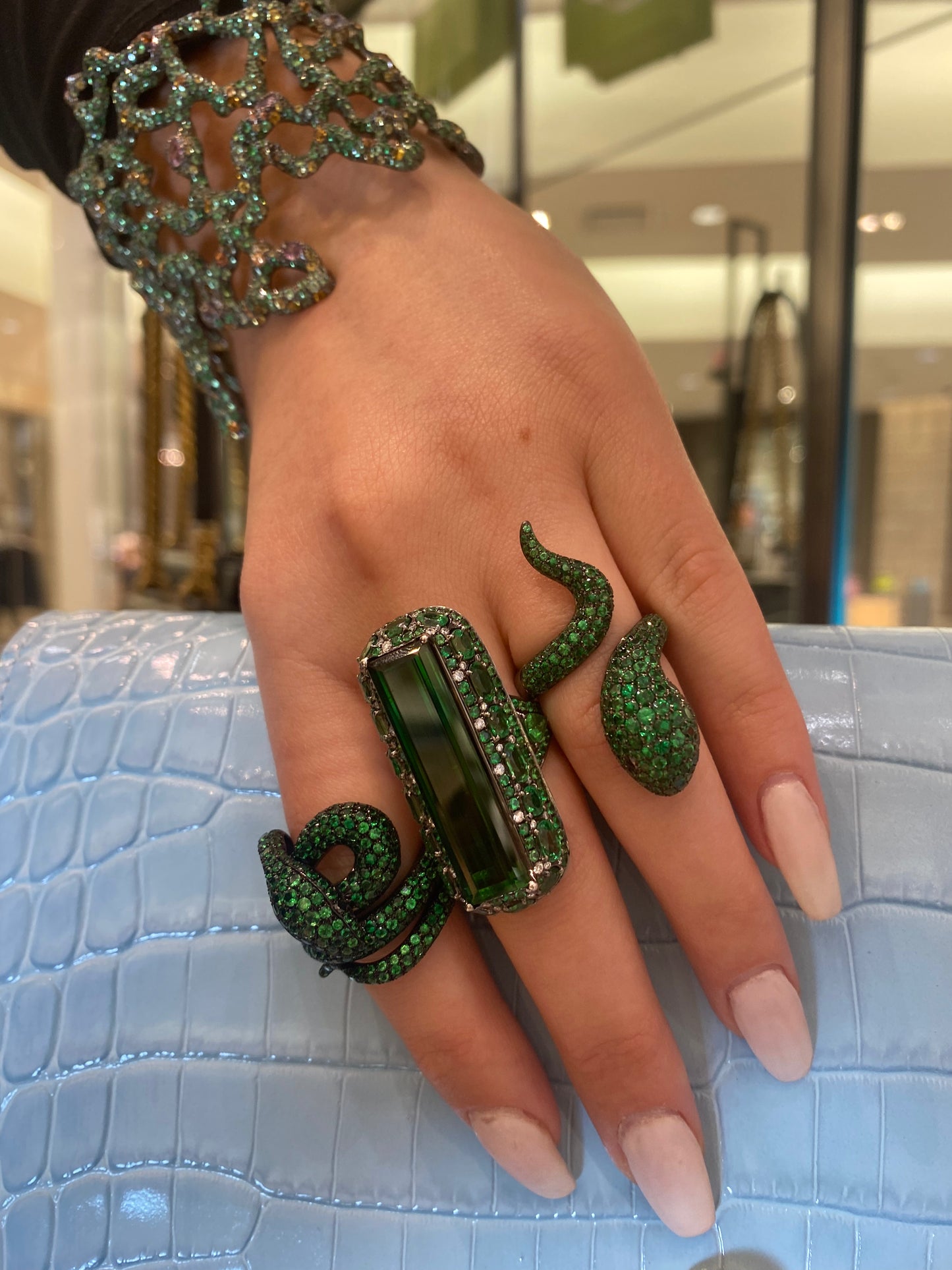 White Gold Black Diamonds Tsavorites Ring From Snake Collection