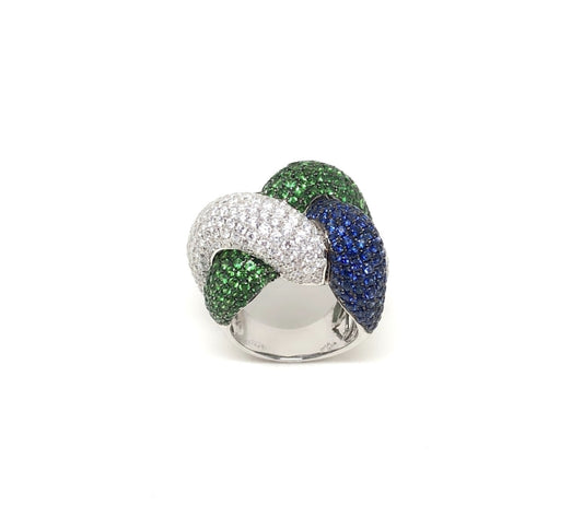 White Gold with White Diamond & Green Garnet & Blue Sapphire Cocktail Ring from Link Collection
