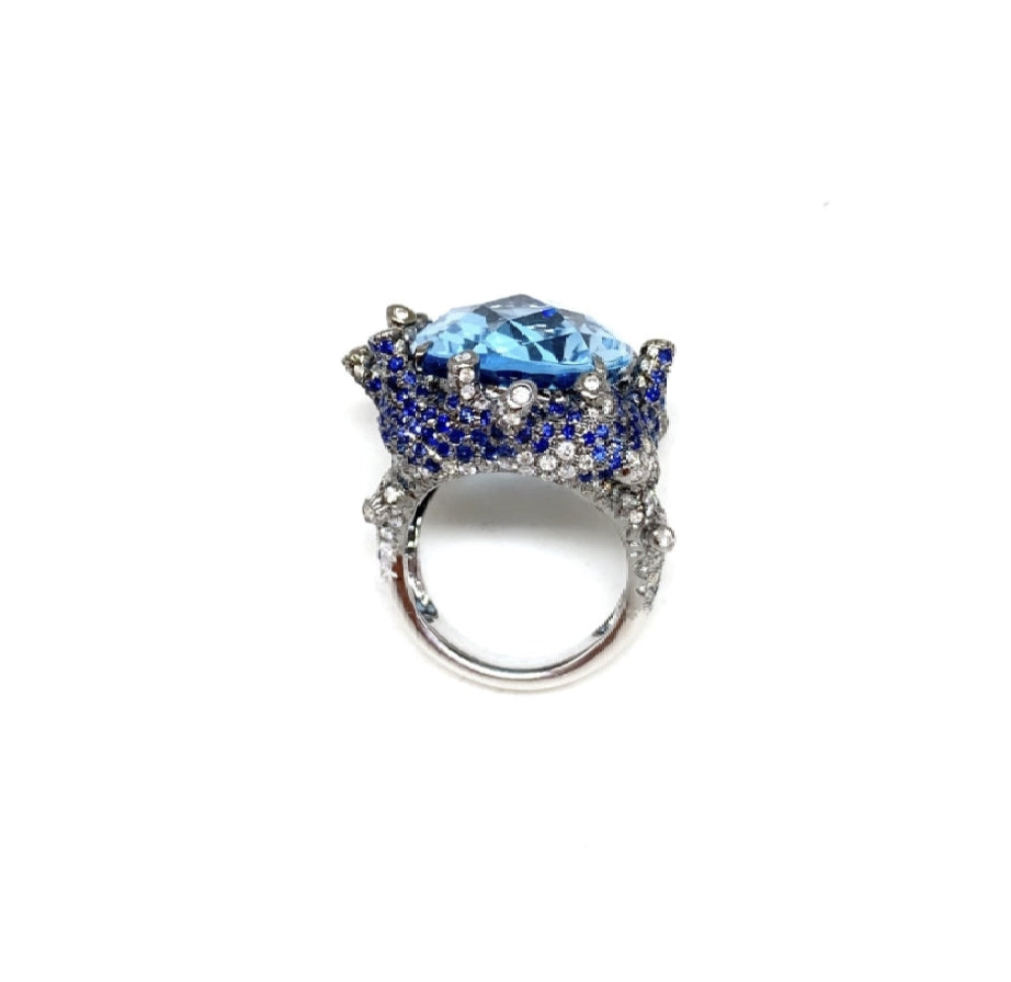 White Gold with Blue Sapphire & Blue Topaz & White Diamond Cocktail Ring