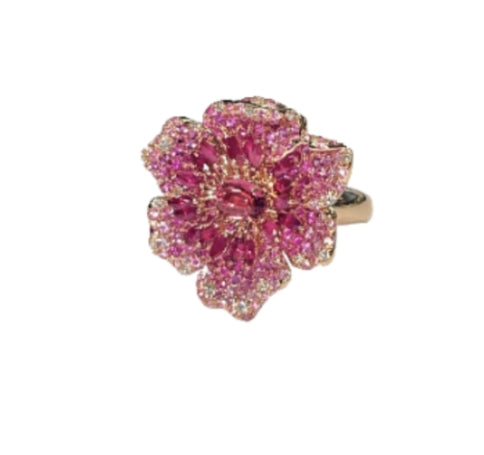 Rose Gold with White Diamond & Ruby & Turmaline & Pink Sapphire Ring from Flower Collection