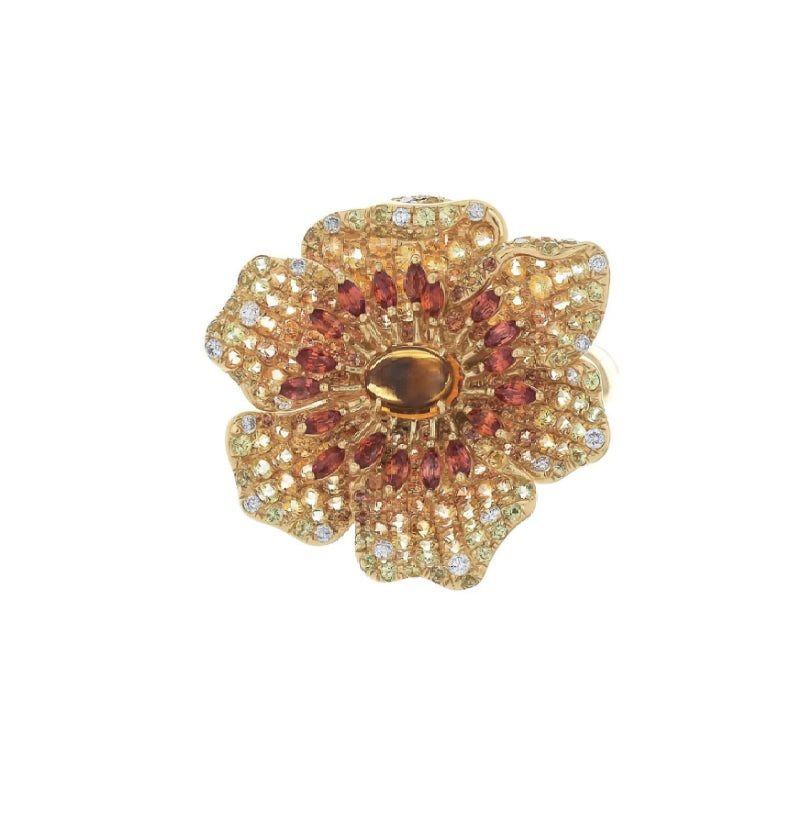 Yellow Gold with White Diamond & Yellow & Orange Sapphire Ring from Flower Collection