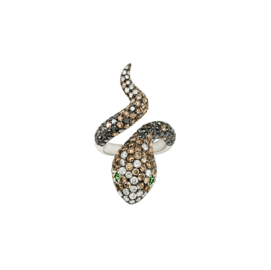 White Gold with White & Black & Brown Diamond & Green Garnet Ring from Snake Collection