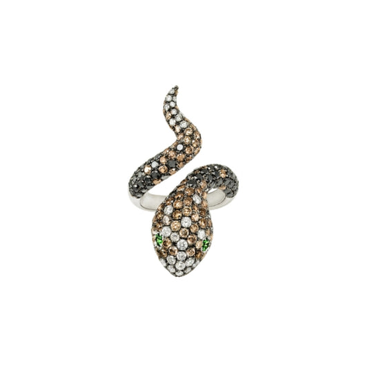 White Gold with White & Black & Brown Diamond & Green Garnet Ring from Snake Collection