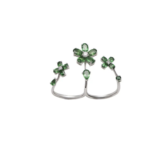 White Gold with White Diamond & Green Garnet Ring from Flower Collection