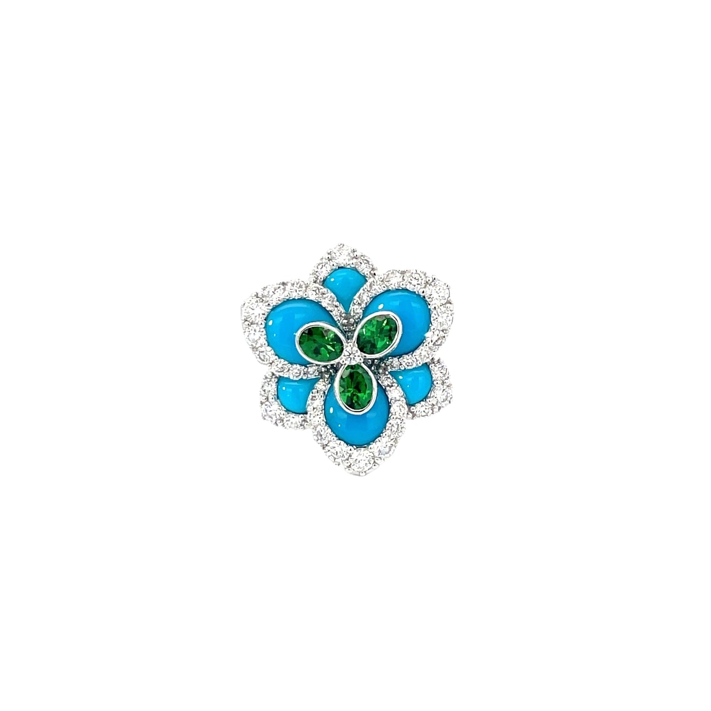 White Gold White Diamond Turquoise & Tsavorite Ring from Flowers Collection