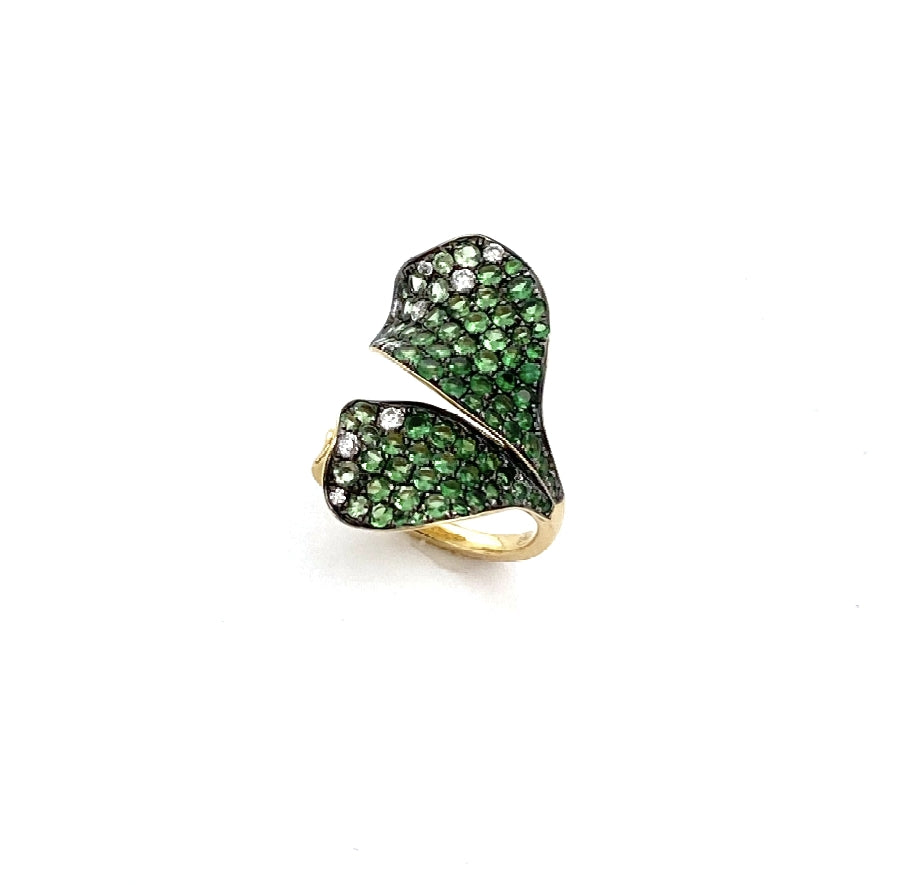 Yellow Gold with White Diamond & Green Garnet Ring from Petal Collection
