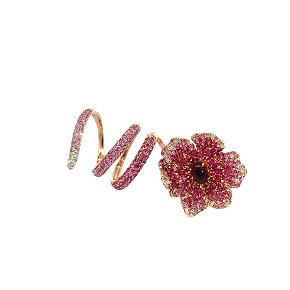 18K Rose Gold with White Diamond & Ruby Pink Sapphire Wrap Flower Ring Single or Multi-Finger from Flower collection