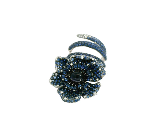 18K White Gold with White Diamond & Blue Sapphire & Iolite Wrap Flower Ring Single or Multi-Finger from Flower Collection