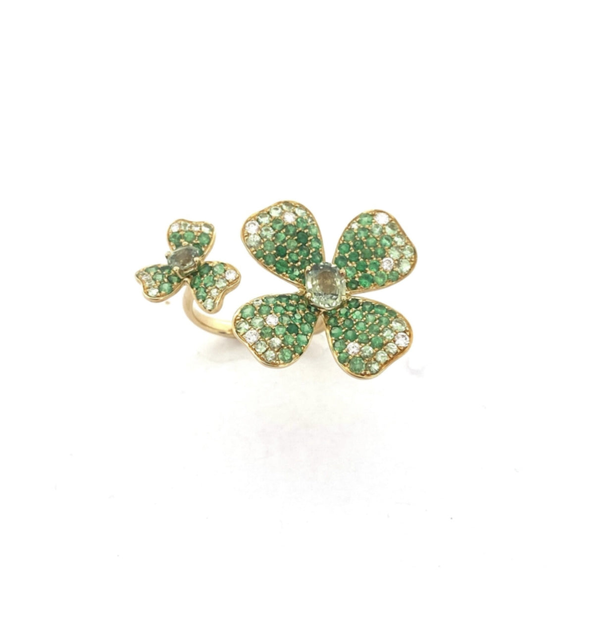 Yellow Gold with White Diamond & Green Garnet & Green Sapphire Ring from Flower Collection