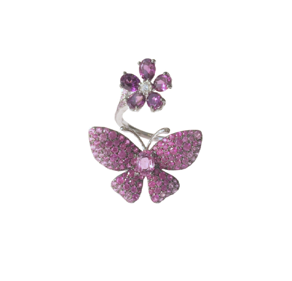 White Gold with White Diamond & Pink Sapphire & Rhodolite Garnet Ring from Butterflies collection