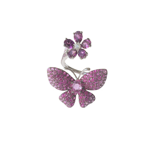 White Gold with White Diamond & Pink Sapphire & Rhodolite Garnet Ring from Butterflies collection