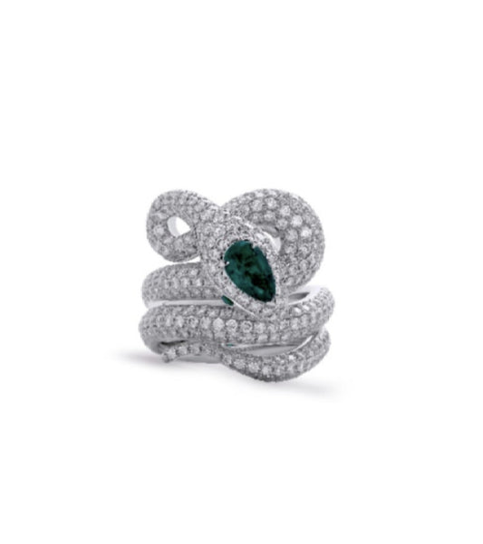 Platinum & White Gold with White Diamond & Emerald Ring from Snake Collection