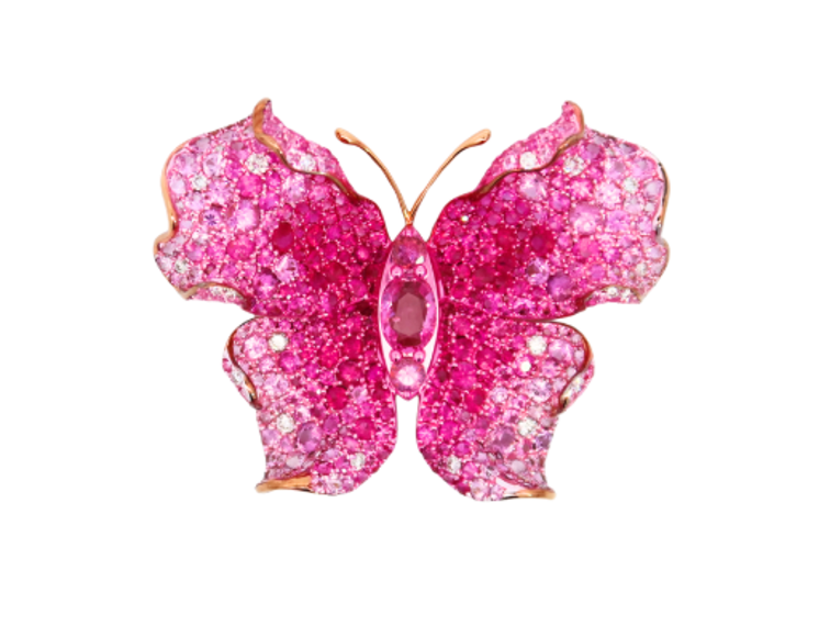 Rose Gold with White Diamond, Pink Sapphire and Ruby Brooch from Flower Collection
