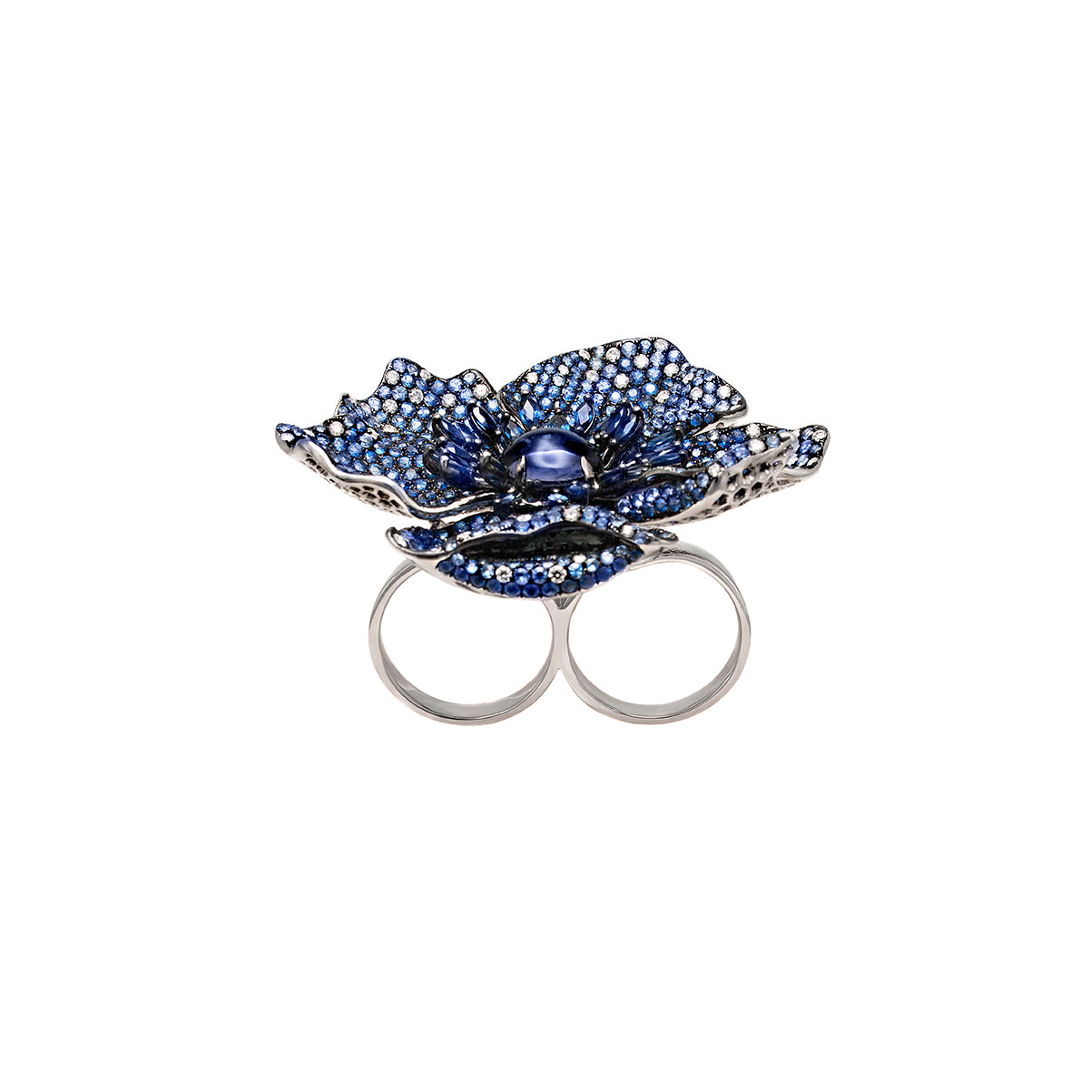 White Gold White Diamond Blue Sapphire & Iolite Two Fingers Ring From Flower Collection
