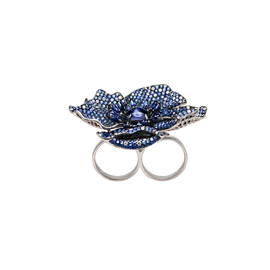 White Gold White Diamond Blue Sapphire & Iolite Two Fingers Ring From Flower Collection