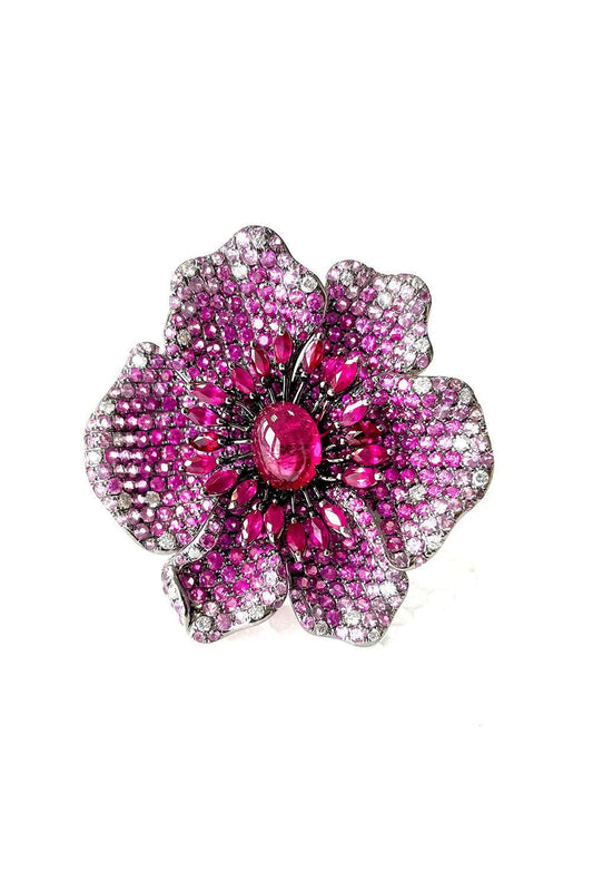 White Gold with White Diamond, Pink Sapphire, Ruby and Pink Tourmaline Ring from Flower Collection