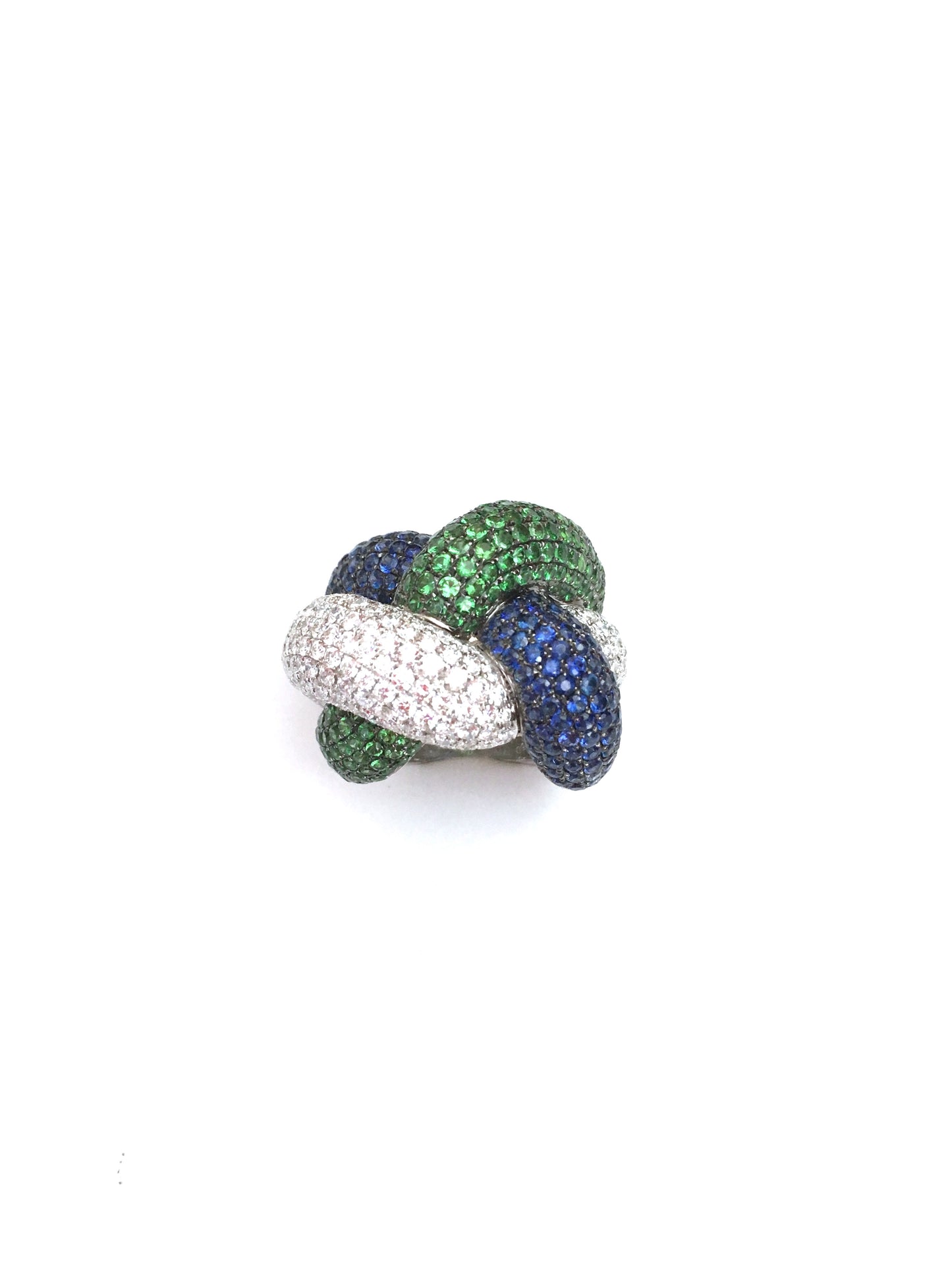 White Gold with White Diamond & Green Garnet & Blue Sapphire Cocktail Ring from Link Collection