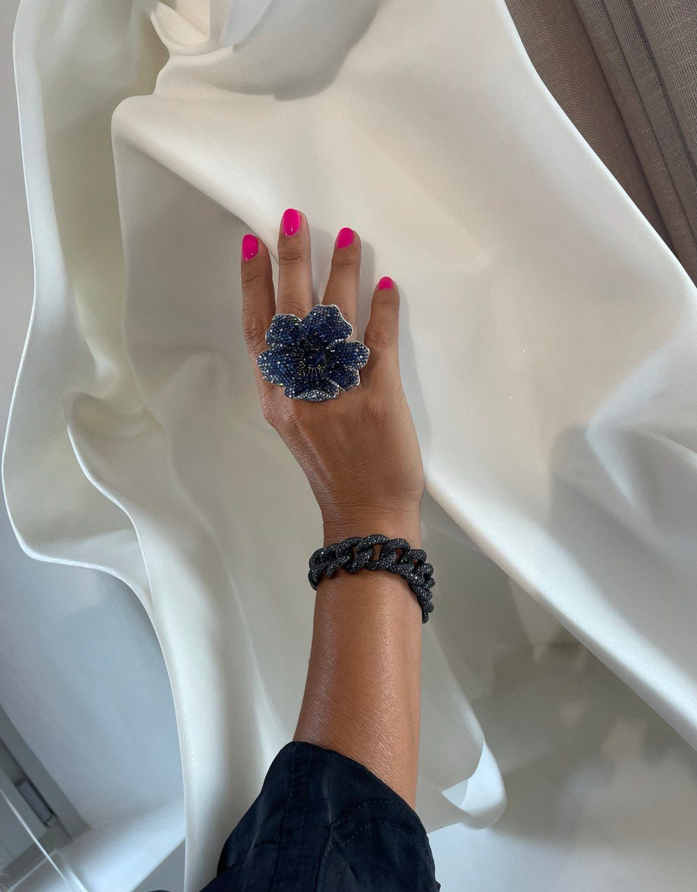 White Gold White Diamond Blue Sapphire & Iolite Two Fingers Ring From Flower Collection