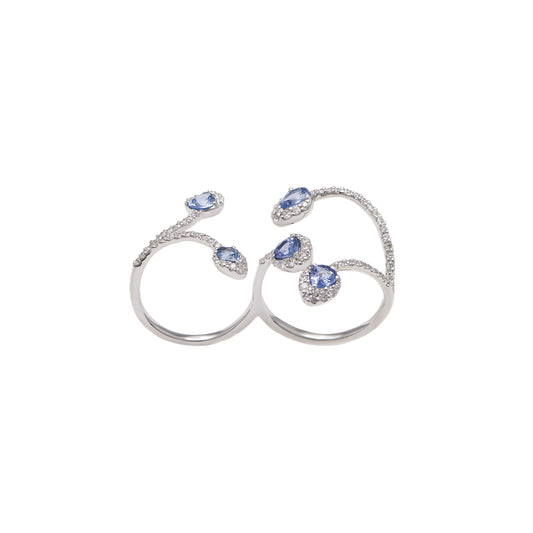 White Gold White Diamond Blue Sapphire Two Fingers Ring From Aurore Collection