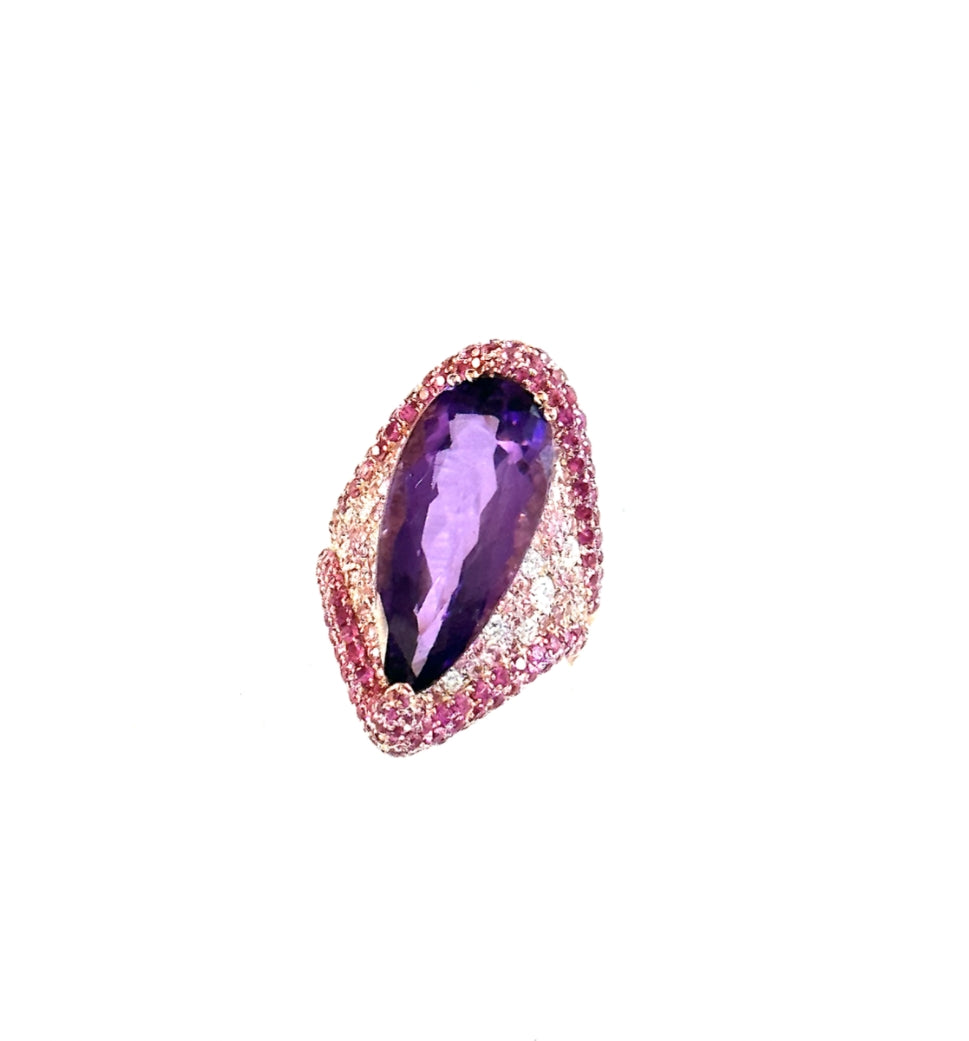 Rose Gold with Amethyst and Pink Sapphire and White Diamond Ring