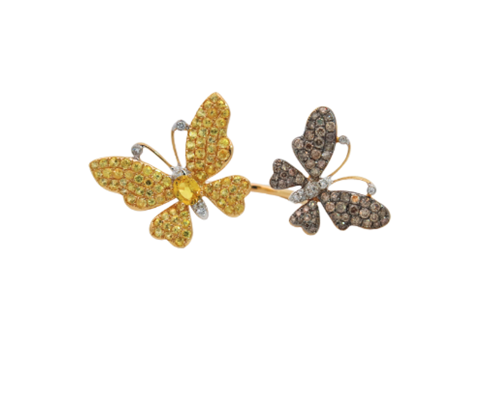 Yellow Gold with White and Brown Diamond and Yellow Sapphire Ring from Butterflies Collection
