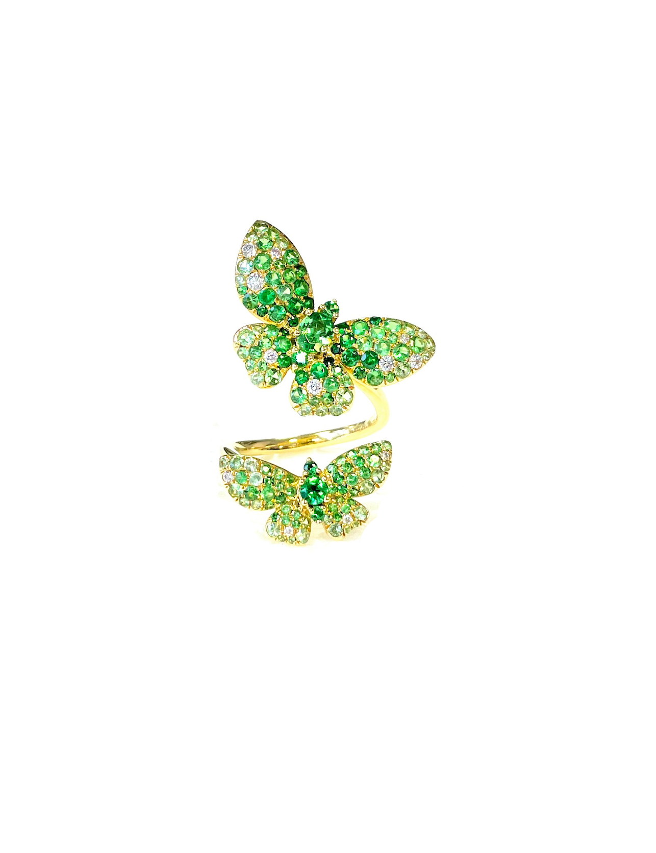 Yellow Gold with White Diamond and Green Garnet Ring from Butterflies Collection