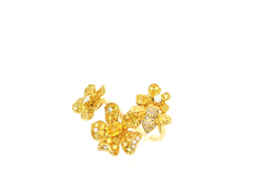 Yellow Gold with White and Brown Diamond and Yellow Sapphire Ring from Flower Collection