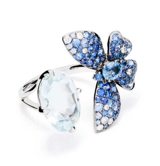 White Gold White Diamonds Blue Sapphires Aquamarine Ring From Butterfly Collection