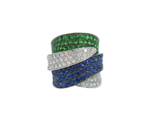 White Gold with White Diamond, Blue Sapphire and Green Garnet Ring