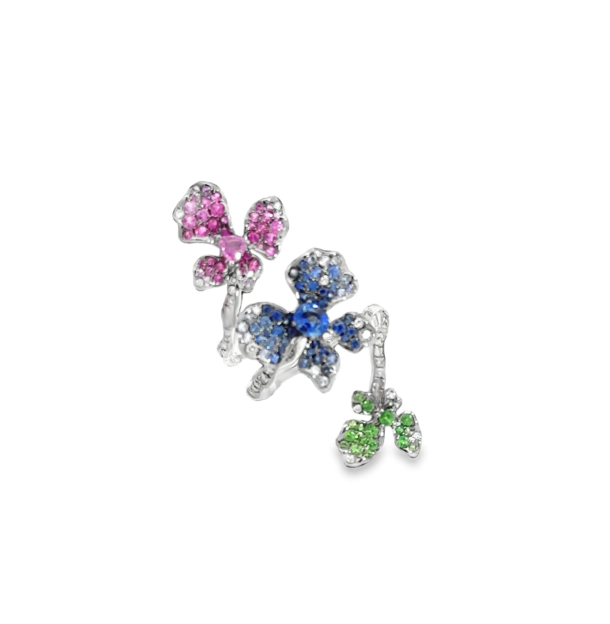 White Gold with White/Brown Diamond & Pink/Blue Sapphire & Green Garnet Ring